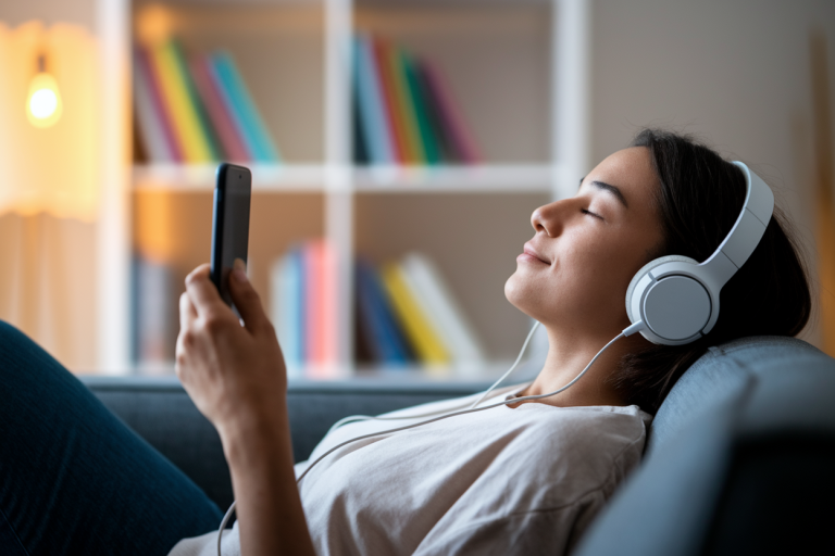 personne-canape-casque-smartphone-bibliotheque