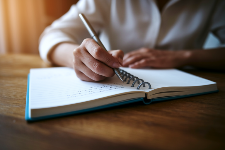 carnet-ecriture-manuscrite-bureau-bois-visage-flou