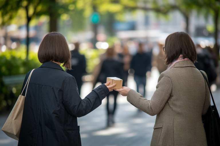 deux-personnes-dos-echange-colis-parc