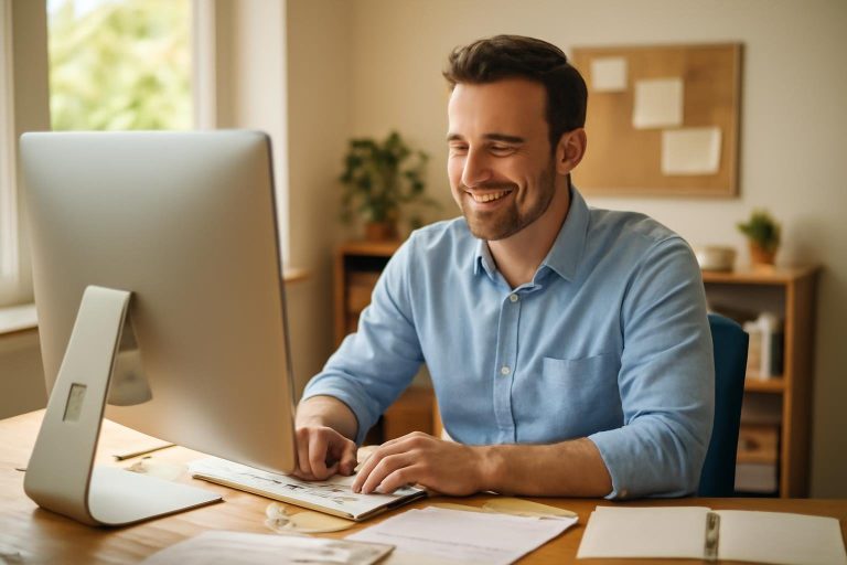 entrepreneur-bureau-ensoleille-ecran-papier