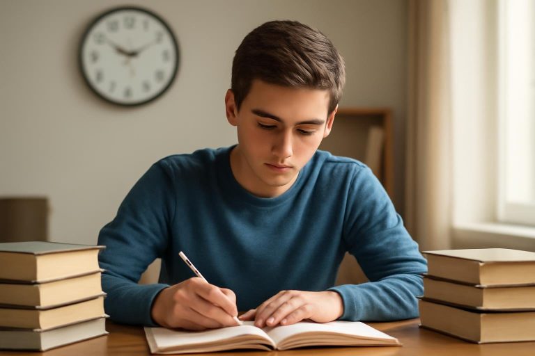 etudiant-bureau-livres-horloge-mur
