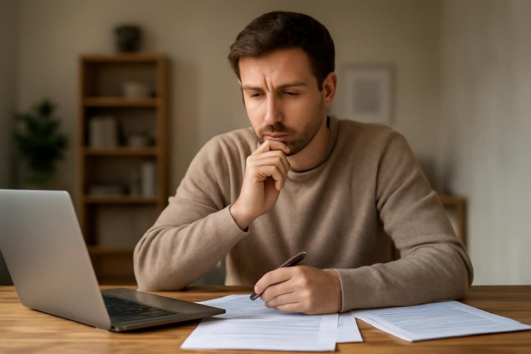 personne-pensive-table-bois-papiers-ordinateur