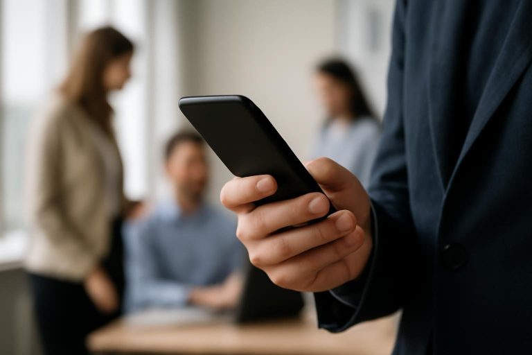 personne-smartphone-bureau-collegues-flous